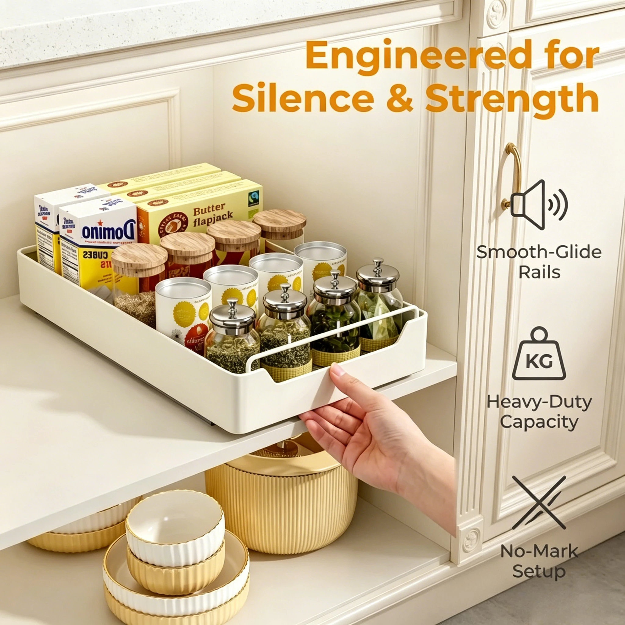 Pull Out Drawer Kitchen Storage Rack Silent Slide Rails Spice Storage Tray Seasoning Box Under Cabinet Organizer Storage Shelf
