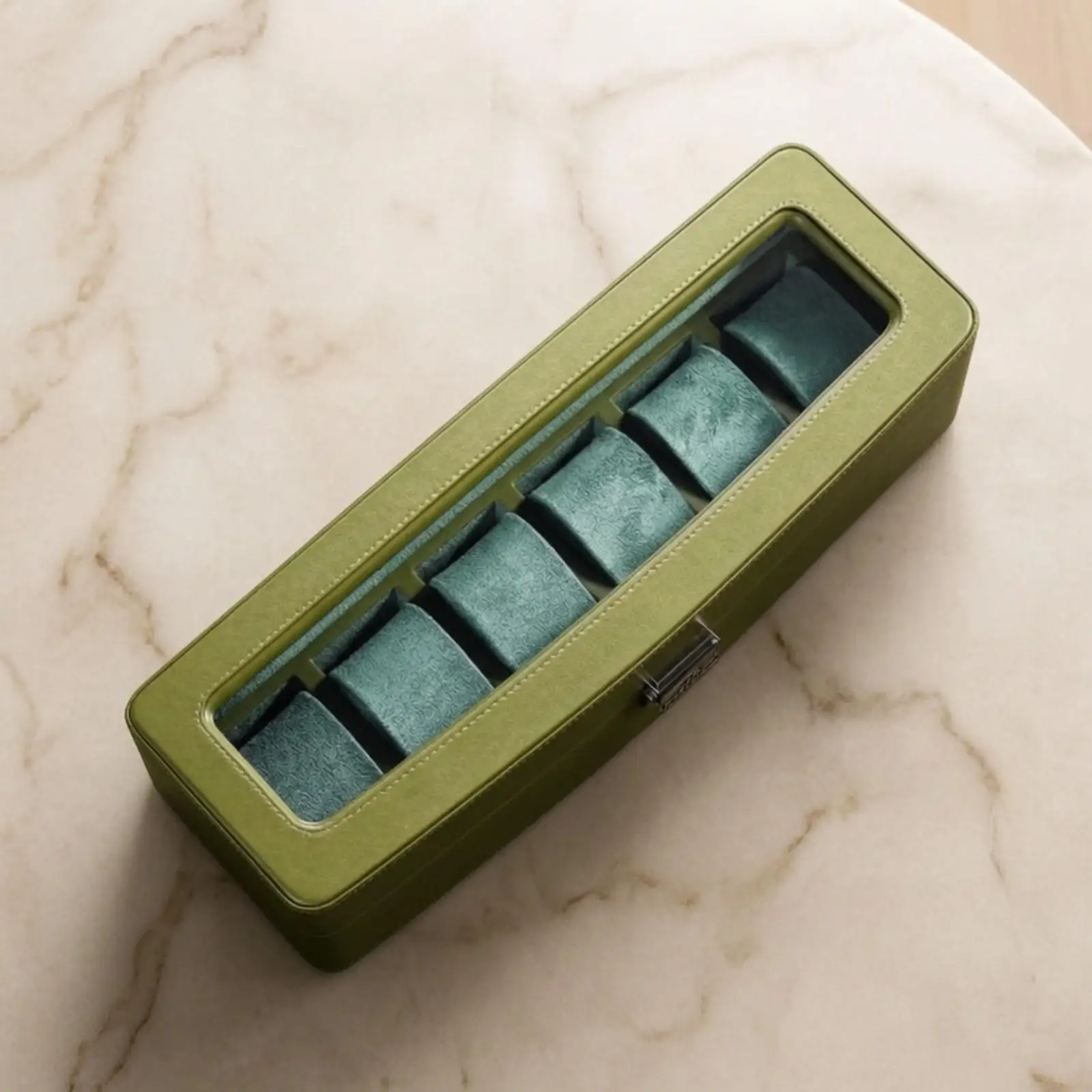 Elegant Synthetic Leather Watch Case with Individual Watch Pillows and Hinged Glass Lid for Showcase Storage