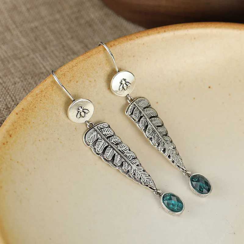 Engraved Leaf Long Hanging Women's Earrings Embellished with Synthetic Zircon Unique Design Earrings Forest Style Jewelry