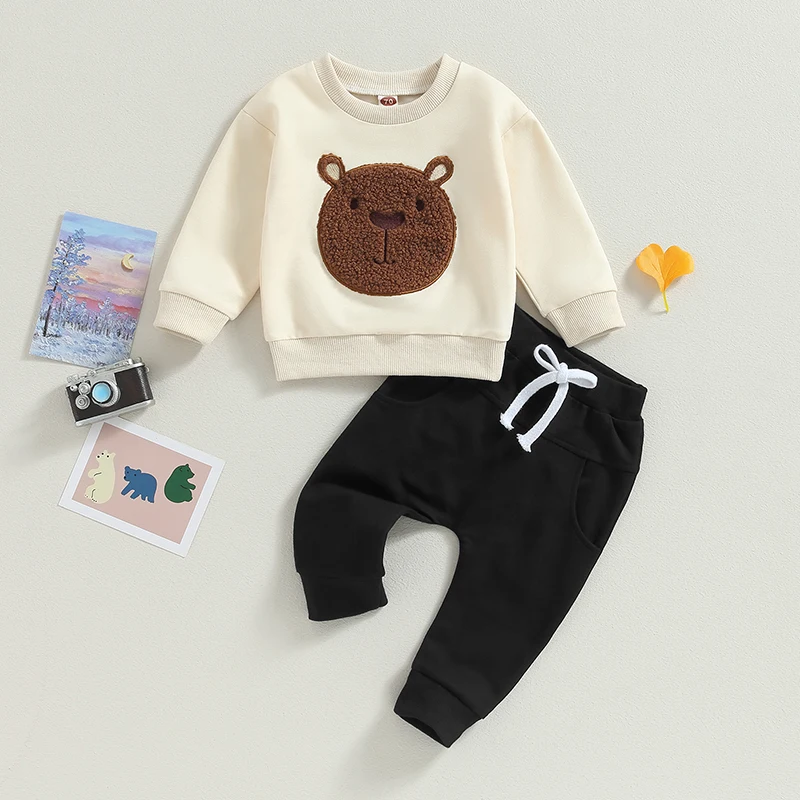 Tenues d'Automne à Manches sulfpour Bébé, Broderie d'Ours, Ensemble Pantalon à Poches, Vêtements Chauds pour Tout-petits, 2 Pièces