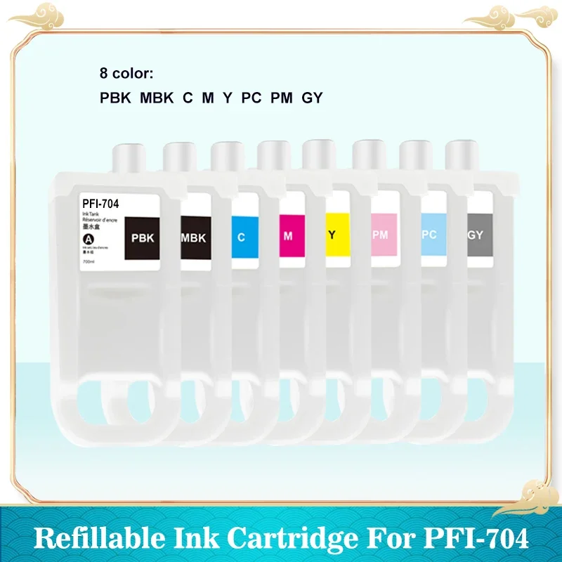 Cartucho de tinta recargable PFI704, 8 piezas, PFI-704, Compatible con Canon ImagePROGRAF, IPF8300, IPF8300S, IPF8310