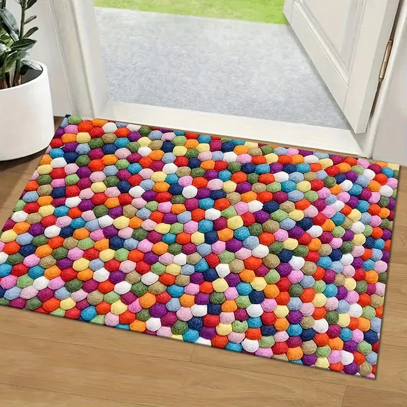 Colorful Pom Pom Ball Visual Door Mat Non Slip Floor Rug Rainbow Felt Ball Illusion Print Entrance Carpet For Entryway Playroom