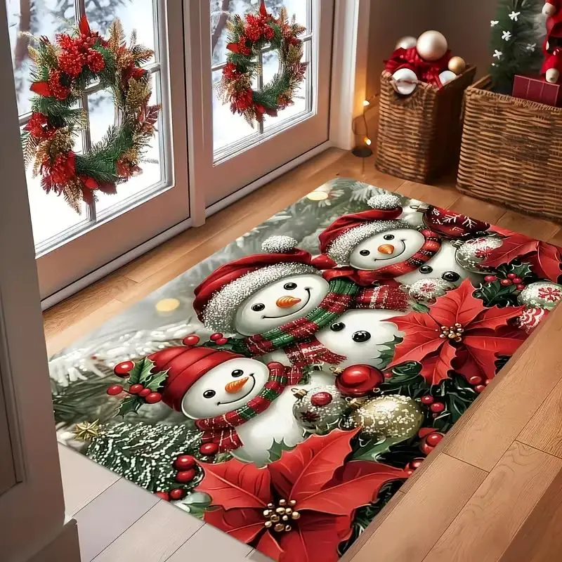 VIKAMA Christmas Snowman Doormat Three Snowmen Red Hat Plaid Scarf, Poinsettia Welcome Mat Front Door, Non Slip, Xmas Decor