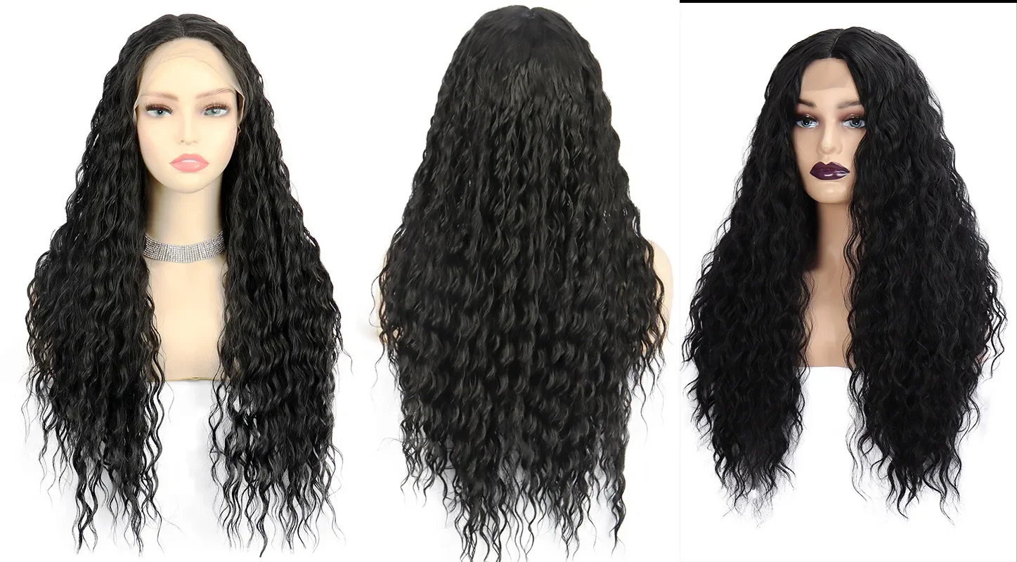 2style New Women's Long black Wavy Front full lace Handmade Party hair wigs