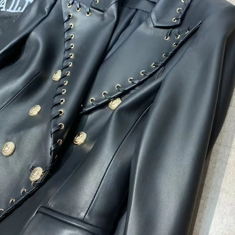 Women Coat Spring And Autumn 2023 New Fashion Genuine Leather jacket Turn-Down Collar Double Breasted Pleated Edges