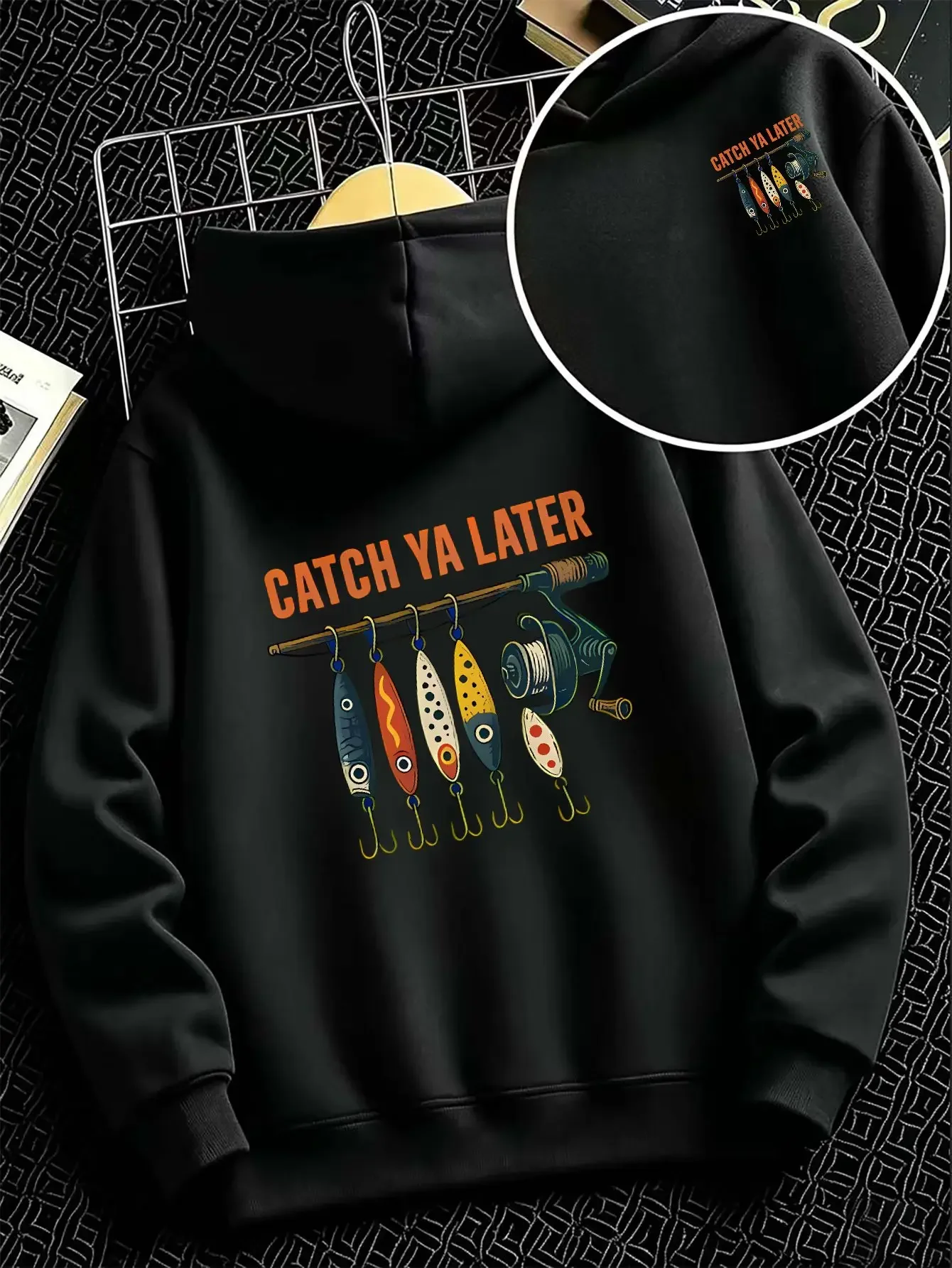Fishing-Themed Vintage Distressed T-Shirt Casual Hooded Sweatshirt with Front and Back Print Design Featuring Lure