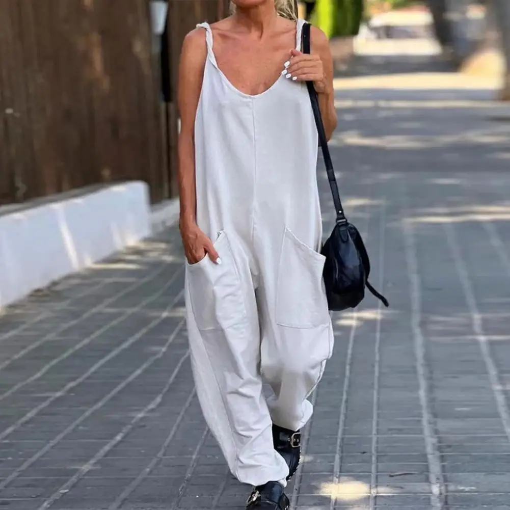 

Polyester Cotton Ladies Jumpsuit Summer Loose Spaghetti Strap Sleeveless Solid Loose Wide Leg Pants Overall Large Pocket Rompers