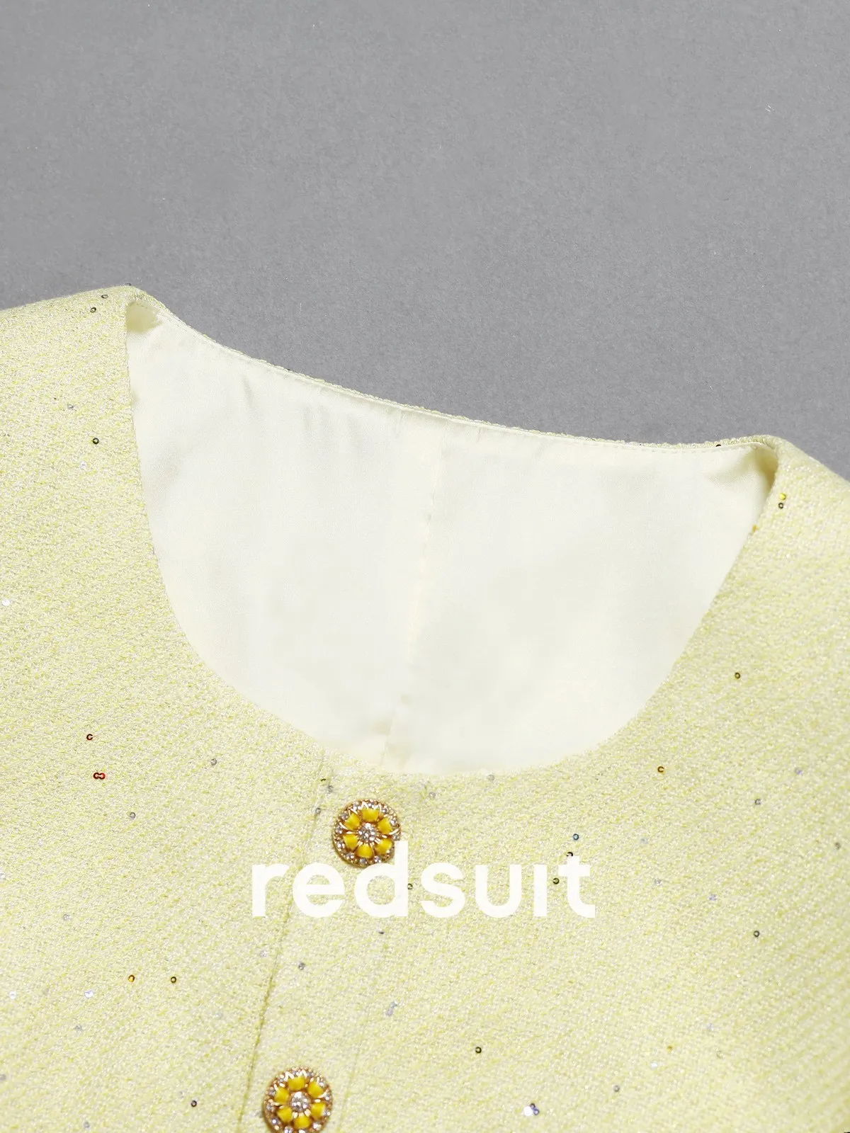 New Sweet lemon yellow lightweight tweed jacket fashionable versatile round neck top Custom Sizes