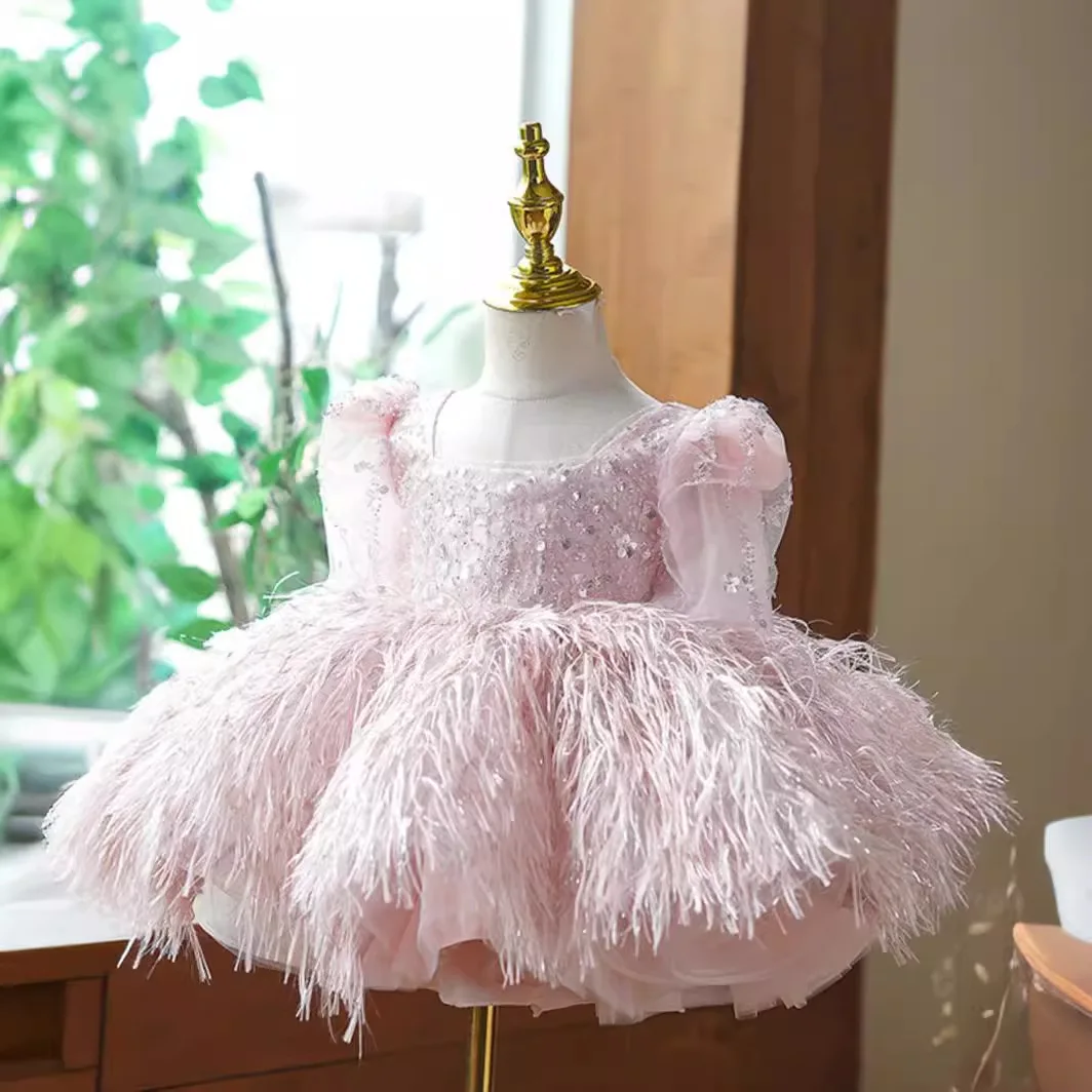 Pink feather princess dress sequins tassels fluffy gauze dress performance flower girl wedding dress vestidos de noche juveniles