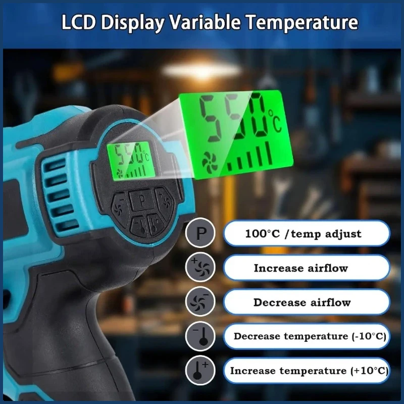 

Новая Макита 550 ° C Бесщеточный беспроводной ручной фен со светодиодным дисплеем, паяльный тепловой контроль температуры, тепловой пистолет