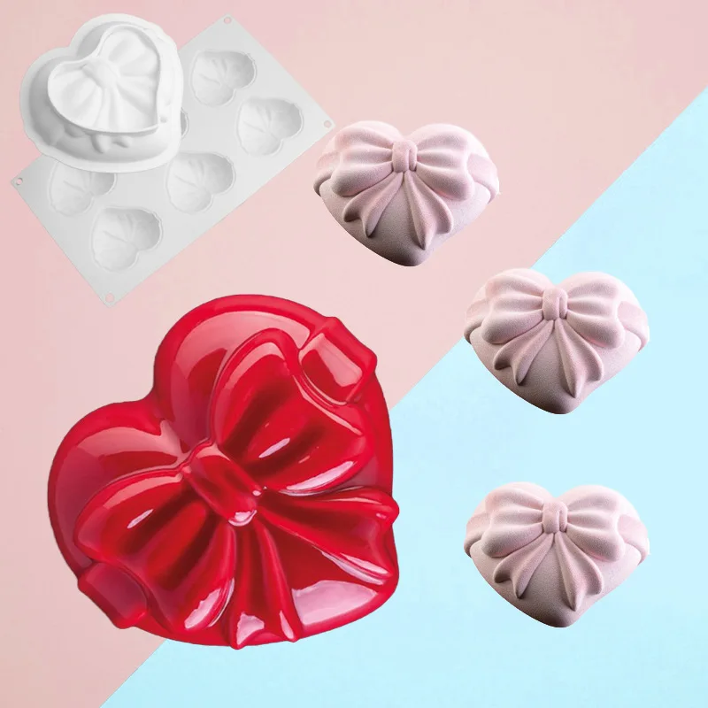 Heart Shaped Base Top Bow Texture Design Cake Mould Valentine's Day Silicone Cake Molds Mousse Dessert Baking Tools