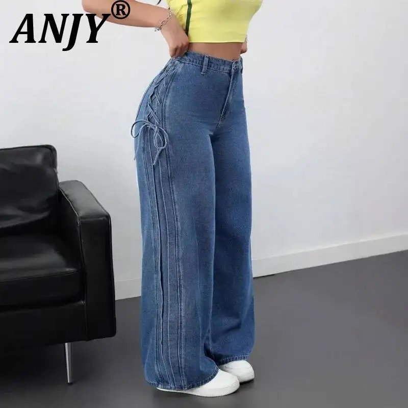 ANJY Spring Autumn New Women Tide Fashion Loose Wide-Leg Straight Side Bandage Bows Denim Pants Casual Washed Niche Jeans A25013
