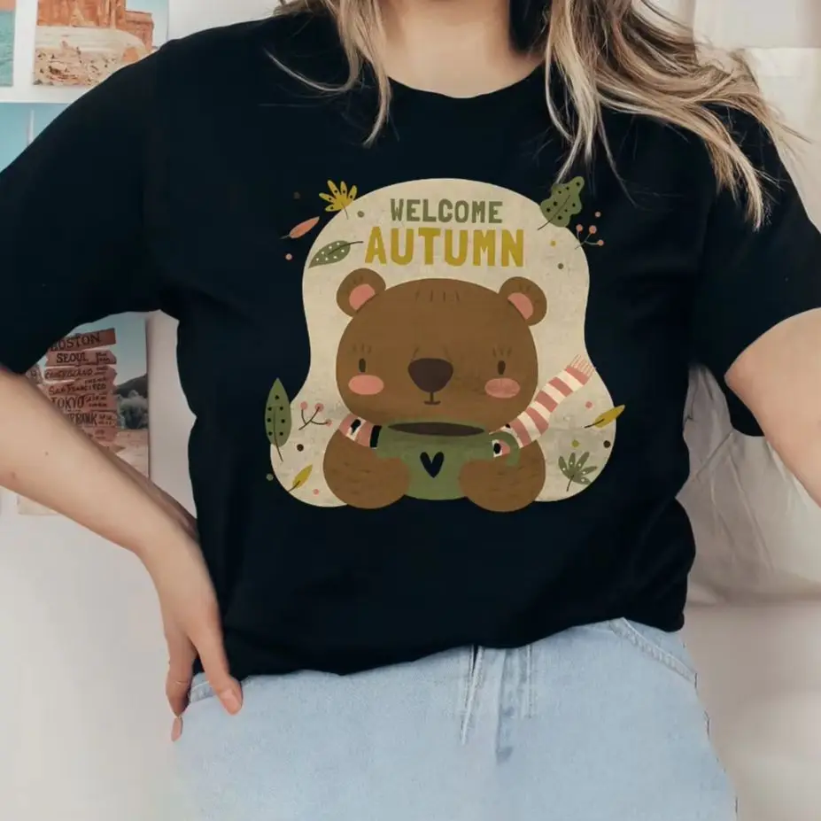 

Vintage Oversized T-Shirt Y2K Cotton Casual Women‘s T-Shirt Short Sleeve Crew Neck Cartoon Cute Brown Bear Welcome Autumn