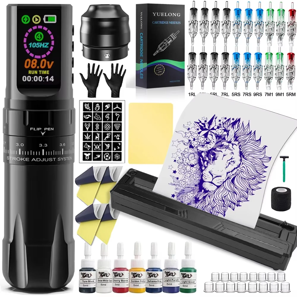 

Беспроводная тату-машинка, набор ручек, 7-тактная машина 2,4–4,2 мм с Bluetooth-принтером для татуировки, картридж, игла, набор чернил, набор татуировок