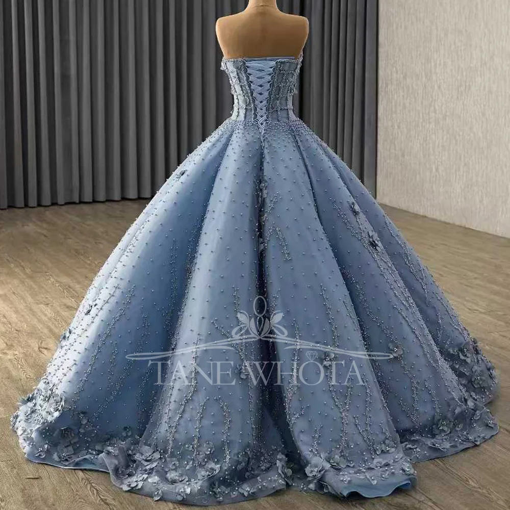 فستان سهرة أزرق بدون حمالات بدون أكمام مع زينة مطرزة بالخرز برباط من الخلف فستان حفلات فاخر قابل للتخصيص