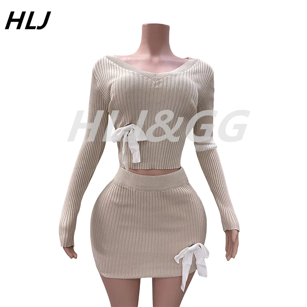 HLJ Sweet Bow Knitting Two Piece Sets Women V Neck Long Sleeve Slim Top And Mini Skirts Outfits Fashion Solid Stretchy Clothing