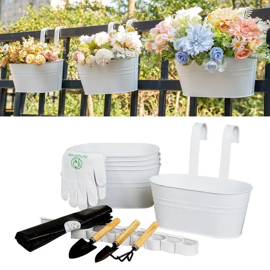 

Набор из 5 металлических подвесных кашпо для перил, забора, балкона, садовых инструментов, съемными крючками и дренажными отверстиями