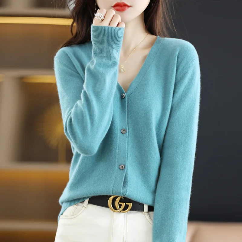 New Women Wool Blend Soft Sweater V-neck Solid Color Cardigan Fashion Casual Autumn Winter Knitted Loose Jacket Bottom Top