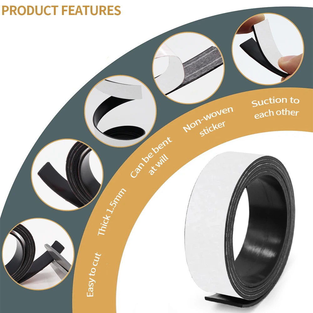 1Meter Self Adhesive Magnetic Tape Rubber Magnet Tape Strong Flexible Magnet Stripe for Refrigerator Photo Posters 39.37inch