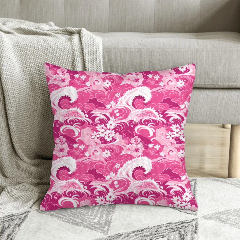 Hot Pink Floral Waves Hot Pink Pattern Polyester Cushion Cover For Sofa Car Decorative Breathable Hug Pillowcase