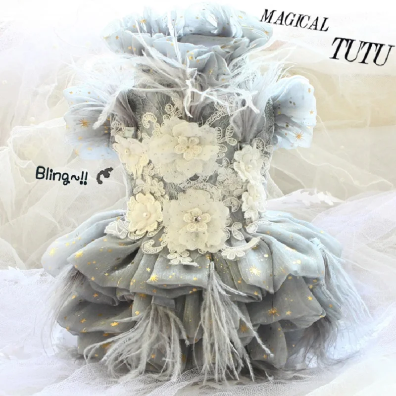 

Handmade Dog Clothes Pet Supplies Wedding Dress Gown Celebrities Classic Gray 3D Pearls Head-Ornaments Feather Royal One Piece