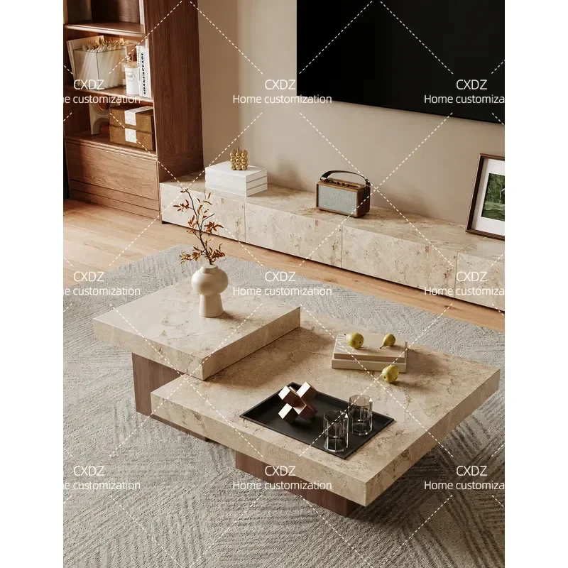 Retro Rock Slab Coffee Table High Low Square Design for Living Room Small Apartment Modern Home Furniture 2026 New Style
