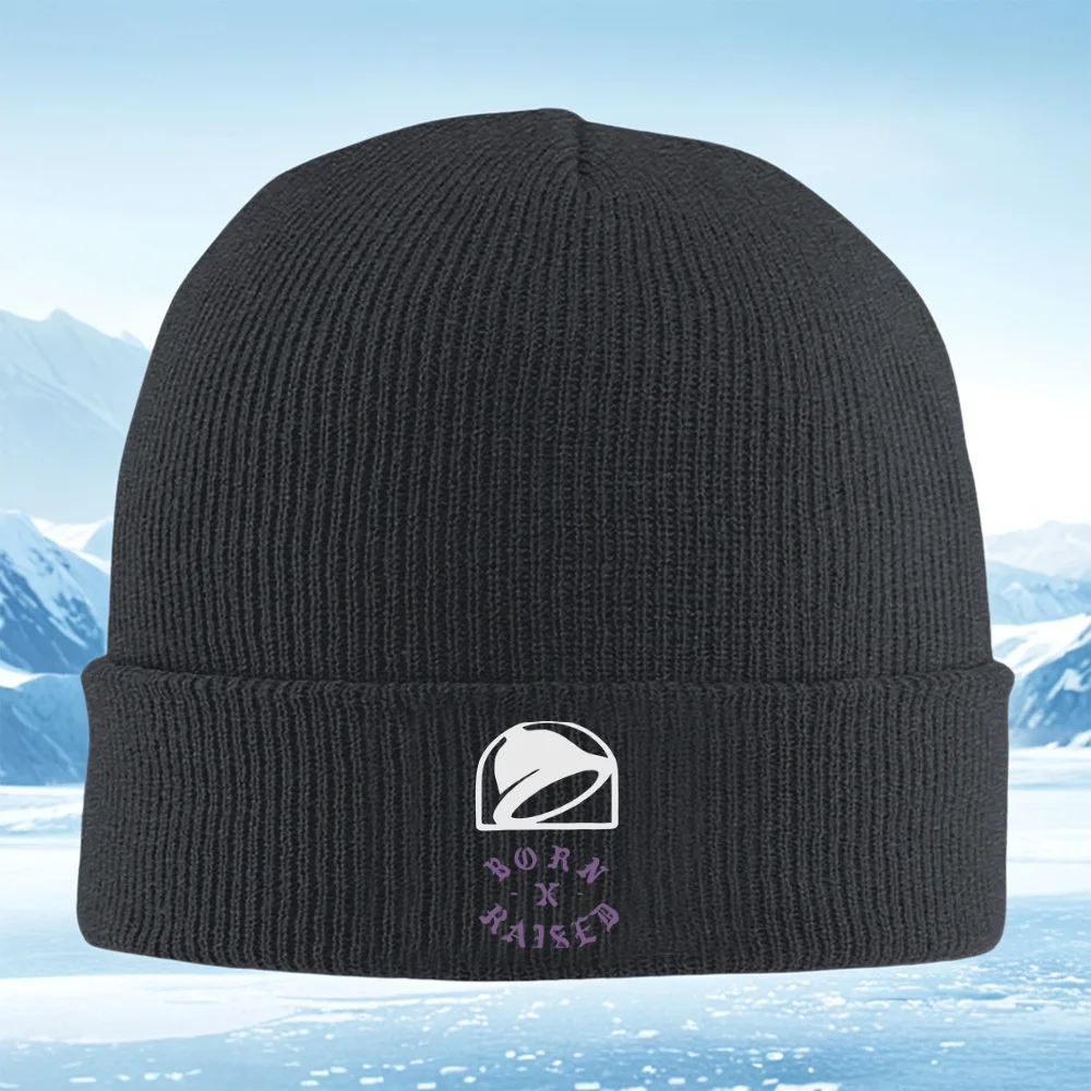 Taco Bell logo Born Raised diseño Hombres Mujeres Gorro de punto unisex Gorro Jersey Gorro Invierno Térmico Cálido Navidad Ciclismo al aire libre