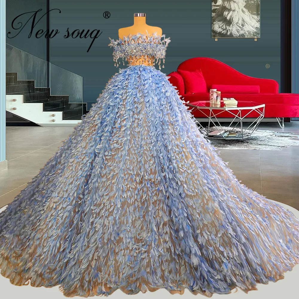 

Saudi Arabia Ball Gown Evening Dresses Handmade Feathers Beading Celebrity Dress Gorgeous Prom Party Dress Vestidos De Fiesta