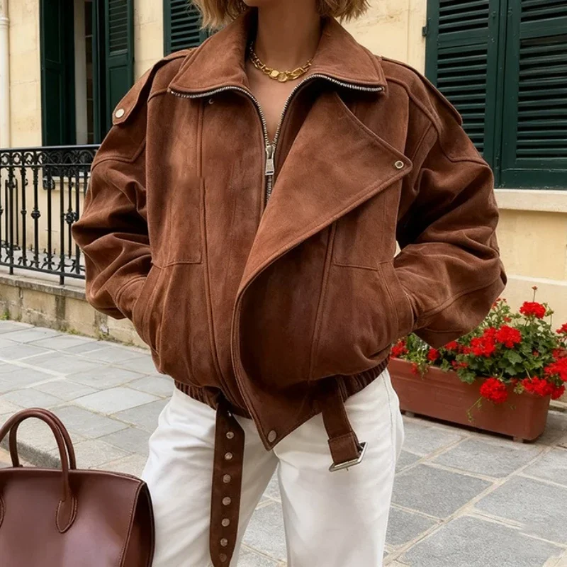 

Retro Zipper Patchwork Jacket Women Solid Long Sleeves With Pockets Loose Lapel Fashion Street Coat Autumn Winter Female