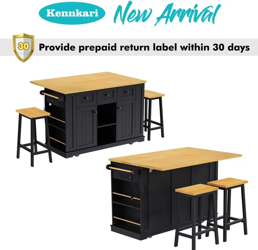 Rolling Kitchen Island on Wheels with Drop Leaf and Seating, Wide Moblie Kitchen Island with Storage Cabinets and Power Outlet