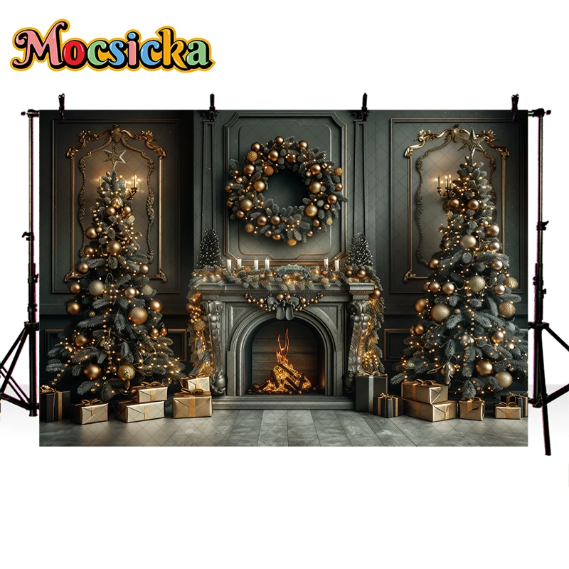 Mocsicka Christmas Living Room Backdrop Kids Photography Adult Child Cake Smash Photocall Fireplace Studio Xmas Trees Background