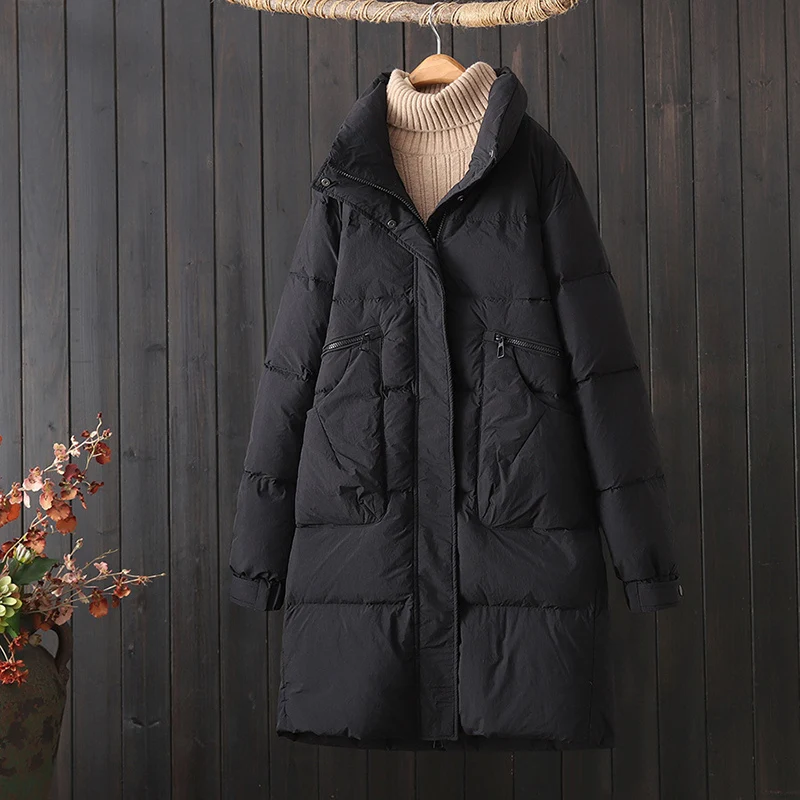 Prendas de vestir de otoño e invierno, abrigo grueso de plumón de pato blanco, Chaqueta larga de plumón para mujer, abrigo cálido informal con cuello levantado de talla grande 2026