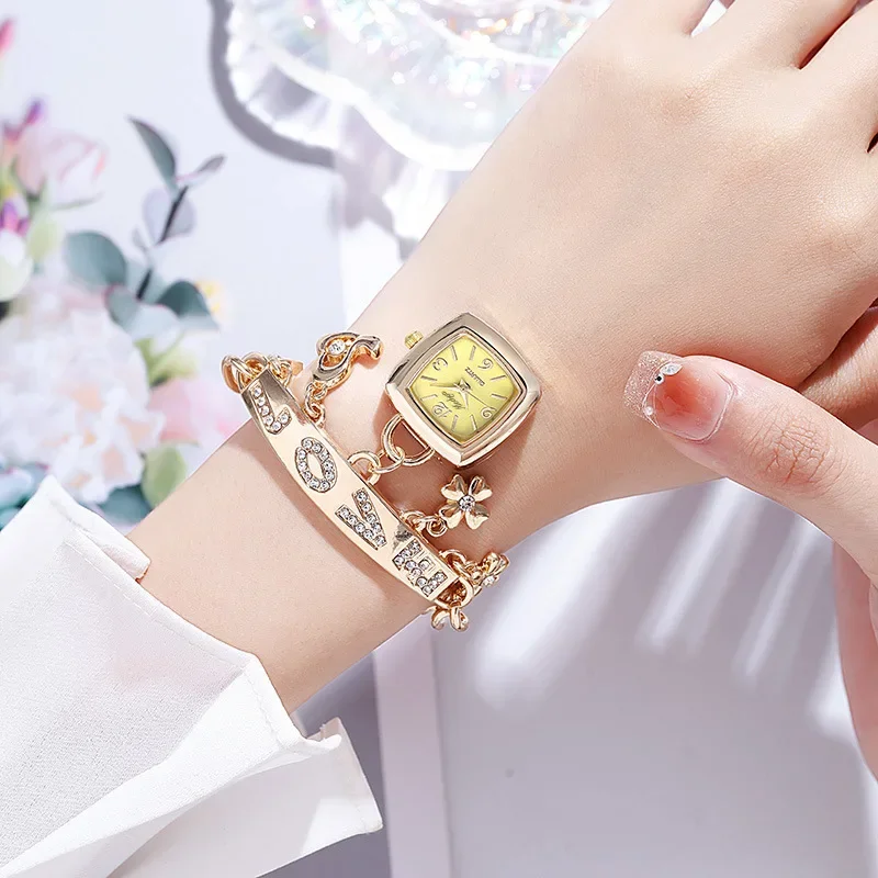 ساعات نسائية فضية عتيقة مع حروف حجر الراين مطعمة سلسلة سوار زهرة قلادة ساعة معصم هدية للسيدات