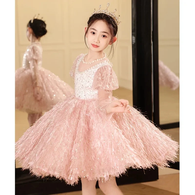 Fashion Baby Girl Princess Bling Feather Dress Infant Toddler Child Bow Vestido Party Pageant Birthday Ball Gown