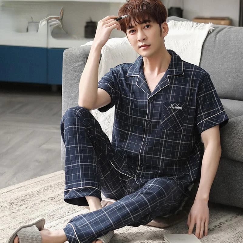 Plaid Sleepwear Men Pajama Sets Short Sleeve Cardigan Pants Two Pieces Loungewear Nightwear Summer Autumn Pajamas Lounge Set