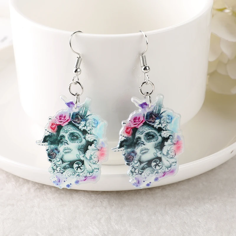 1Pair Halloween Day Of Dead Fashion Drop Earrings Creative Acrylic Mexican Skull Jewelry for Women Birthday Gift