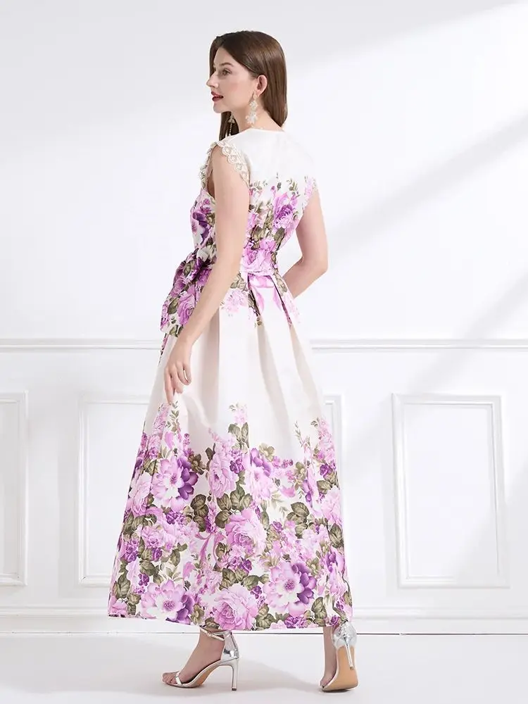 Alta qualidade flor impressão cruz com decote em v bandagem rendas até vestido envoltório para renda feminina sem mangas grosso cetim roupas femininas