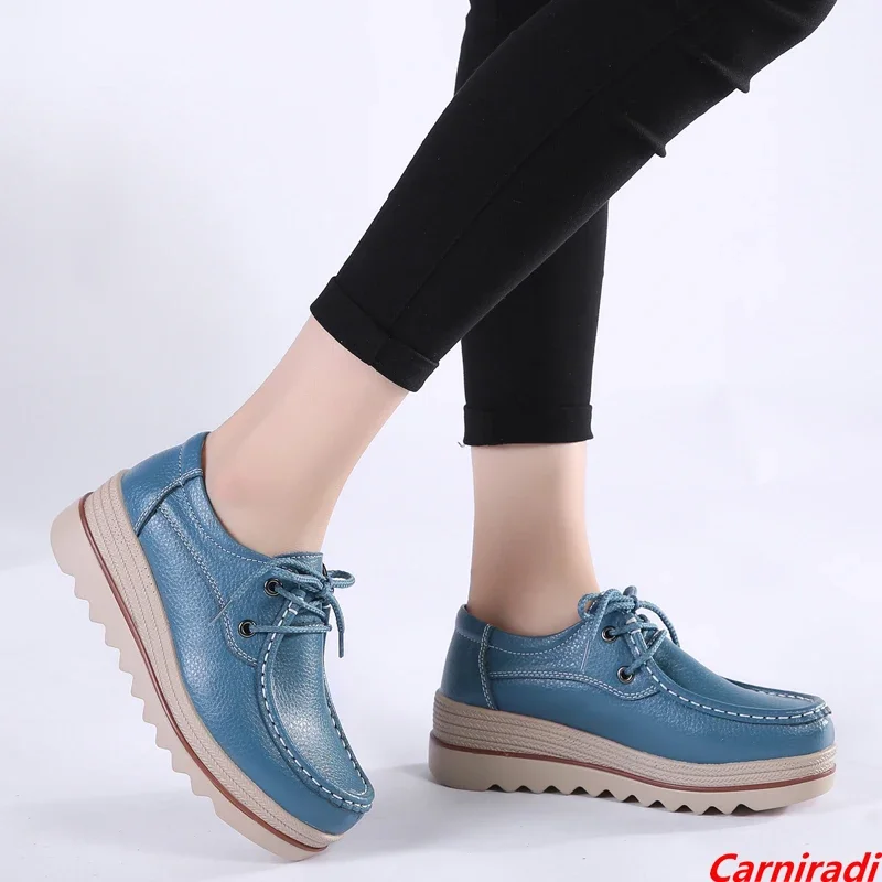 Genuine Leather Waterproof Flatform Shoes Women Lightweight Heightening Heel Casual Shoes Ladies Platform Walking Wedges Shoes