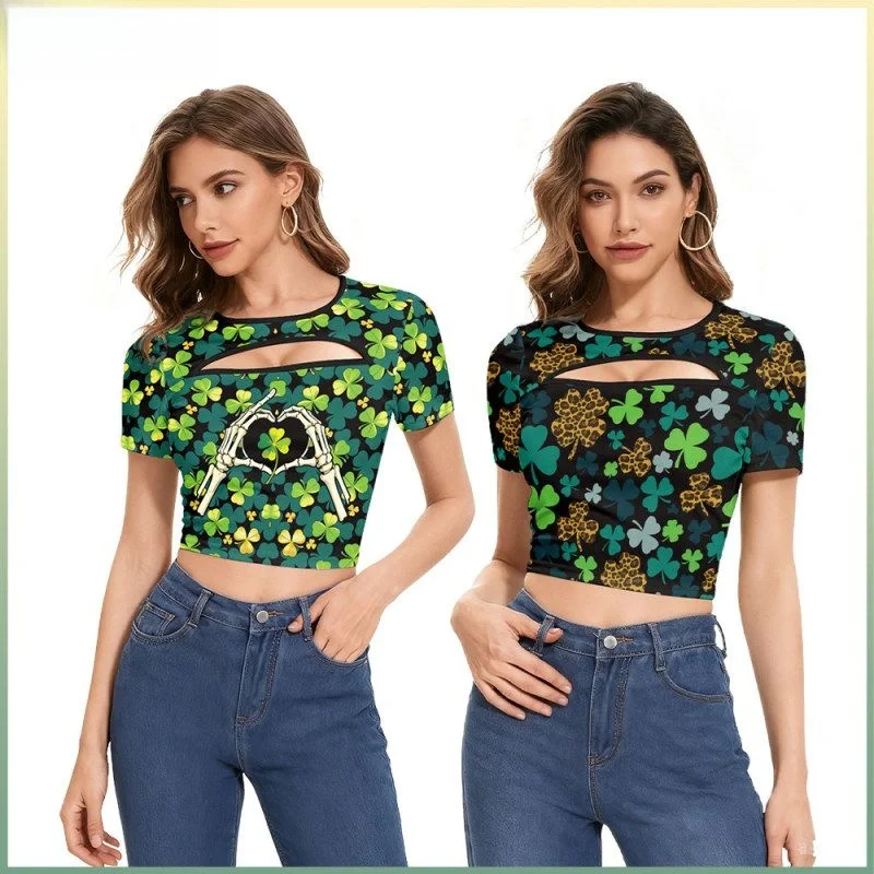 

Faionable ort Sve Women's T-irt Floral Print Slim Fit round Ne Crop Top Cross-Border Apparel Ladies' Tee