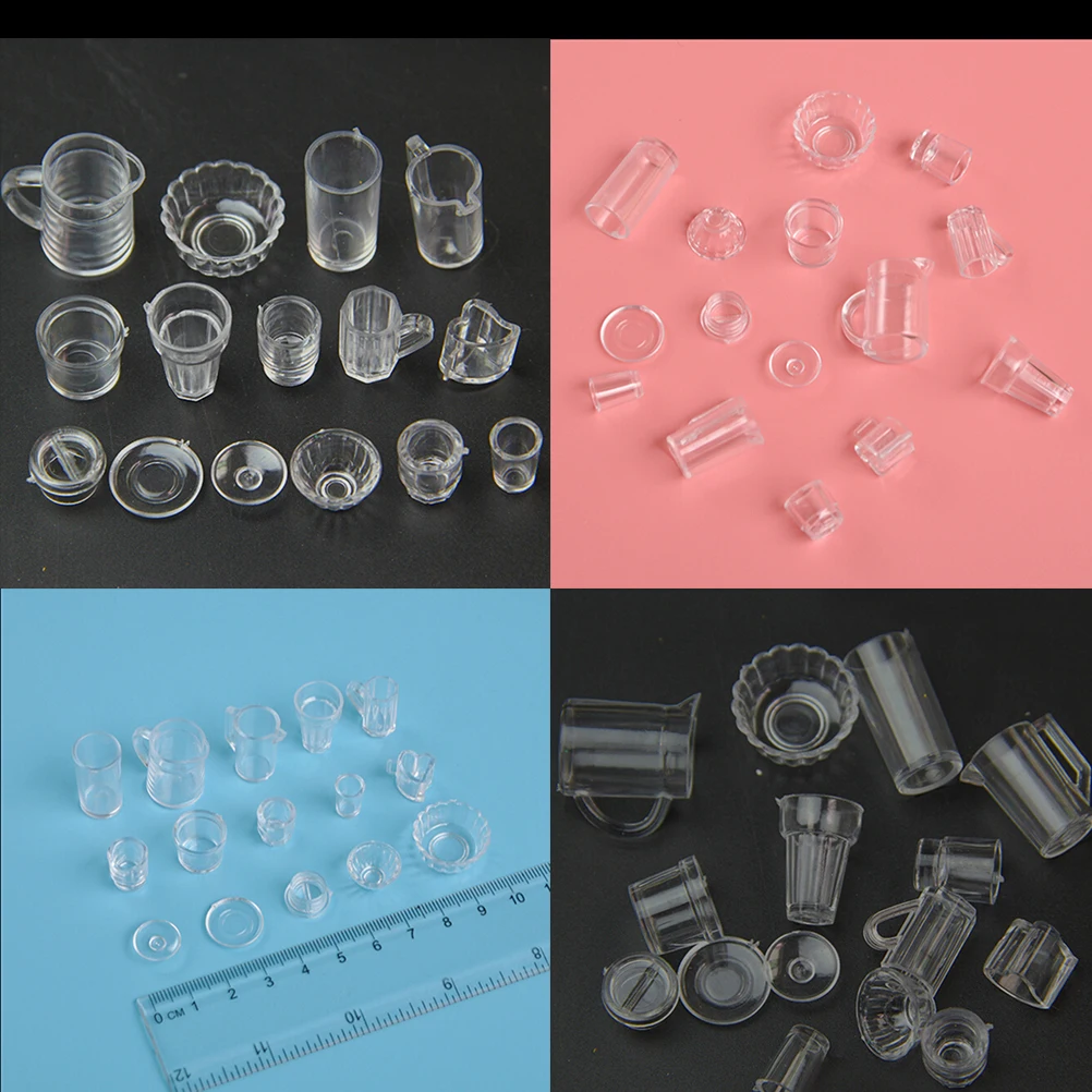 15pcs/Set Mini Transparent Drink Cups Dish Plate Tableware Miniatures