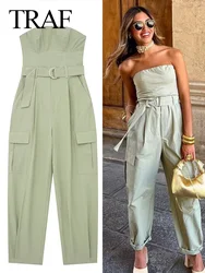 TRAF Spring New Women Fashion Y2K Jumpsuit Solid Green With Belt Sleeveless Green Cargo Pants Loose Chic Female Clothing Street