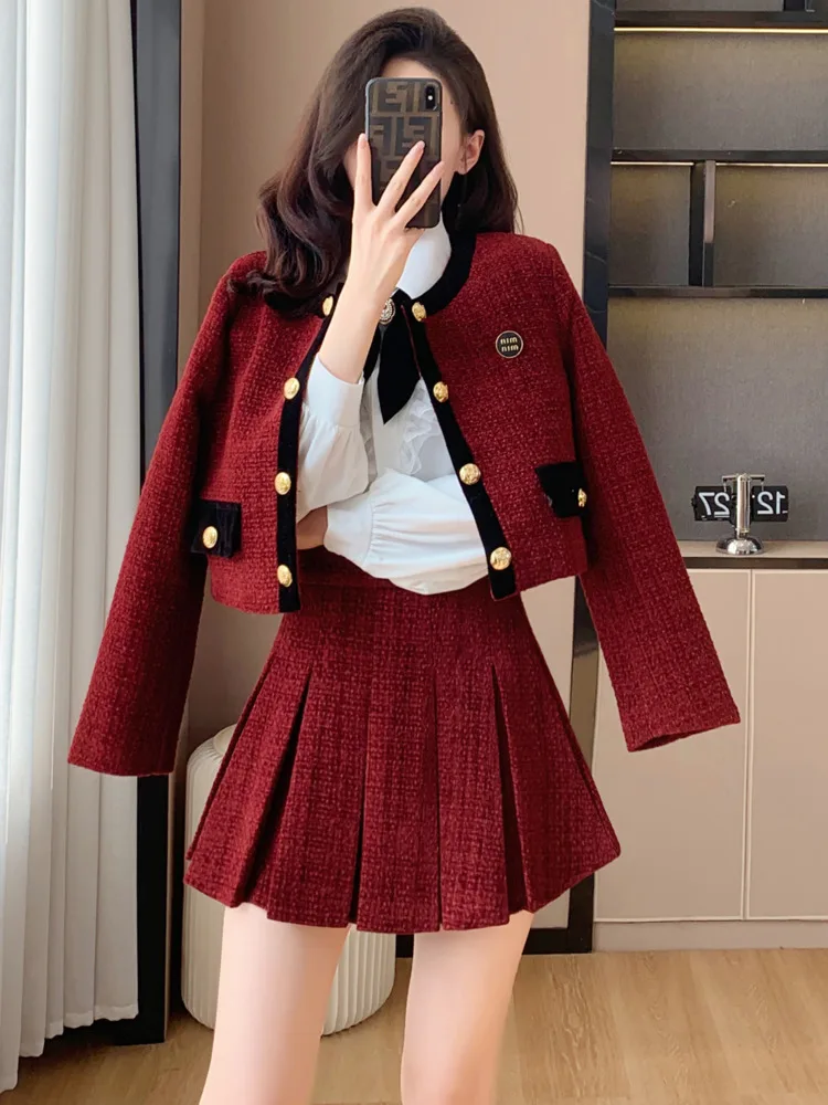 Elegant Autumn Short Mini Suit Skirts Single-breasted Bow Coat 2 Pieces Work Business Small Fragrance Tweed Women Sets Hot