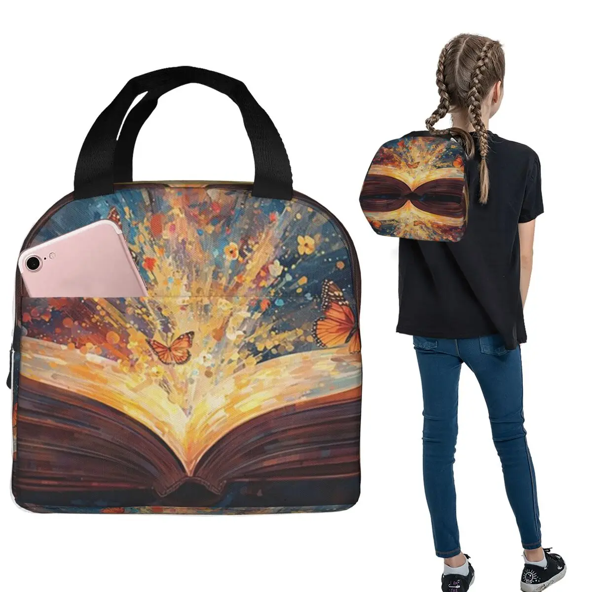 A Fluorescent Butterfly On The Book Of Life Insulated Lunch Bag for Women Children Portable Food Boxes Thermal Lunch Box Tote