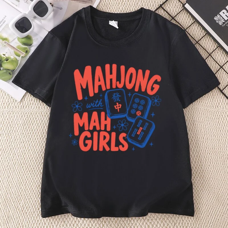 Mahjong with Mah Girls T-Shirt Casual Cotton Short Sleeve Funny Mahj Tee Mahjong Game Night T Shirt Women Casual Clothing