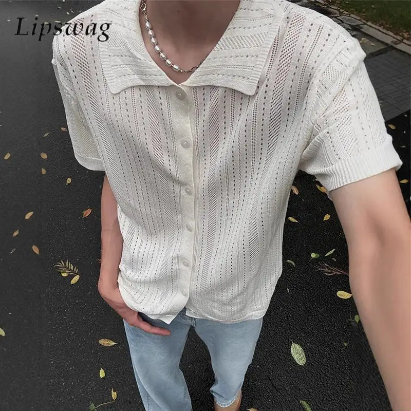 

Casual Breathable Hollow Out Knitted Shirt Men Summer Fashionable Solid Color Texture Shirts For Mens Vintage Button Lapel Tops