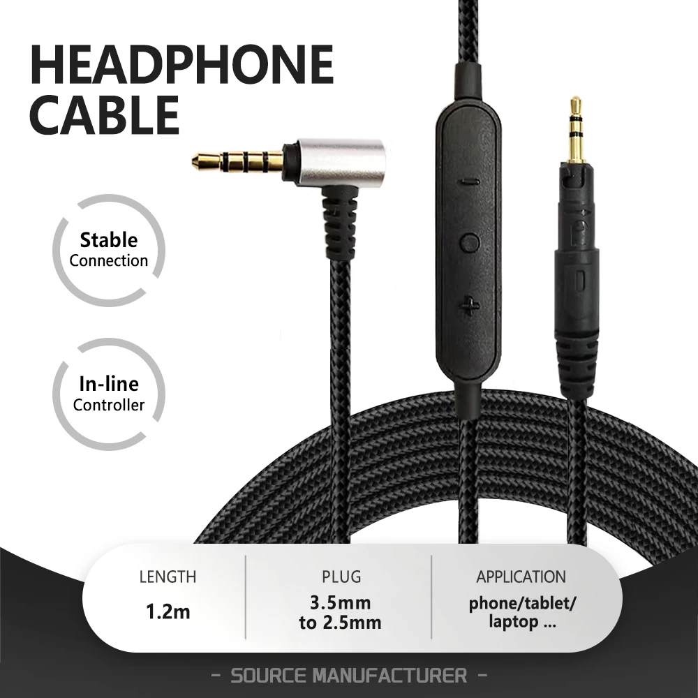 

3.5MM jack to 2.5MM Braided Headphone Upgrade Cable Inline Talking Earphone AUX Cable for ATH-M40X M50X M60X M70X