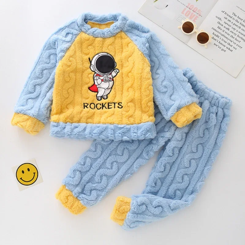 Winter Cartoon Children Clothing Boys Sleepwear Set Flannel Thick Long Sleeve Warm Set Pajamas Two Pieces Kids Clothes Superhero