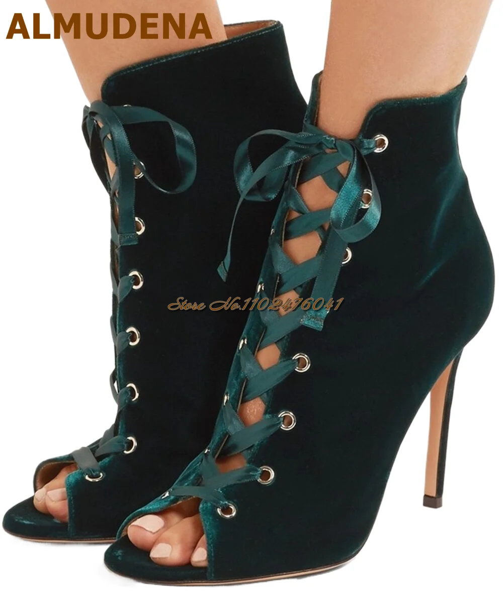 ALMUDENA Emerald Green Velvet Open Toe Ankle Boots Stiletto Heel Satin Ribband Lace-Up Short Booties Women Dark Green Sandals