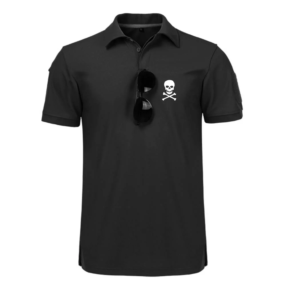 Men Cotton Polo Short Sleeve Shirt Skull logo Men\'s Lapel Polo Shirts Military Style Shirts Hunting Fishing Men\'s Sportwear