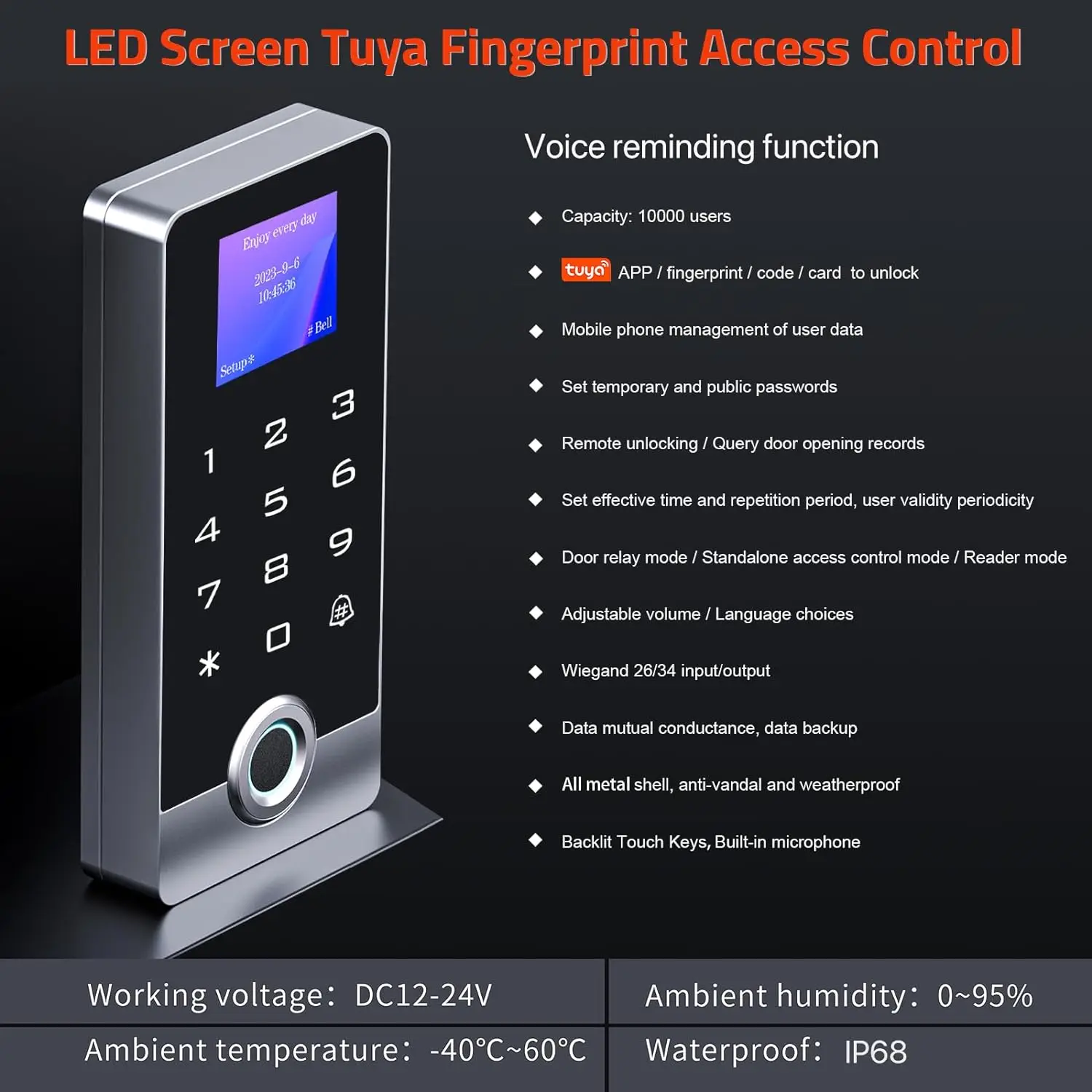 Full Metal WiFi TUYA Access Control System with LED Screen Voice Fingerprint Password Stand-Alone Door Access Control Keypad